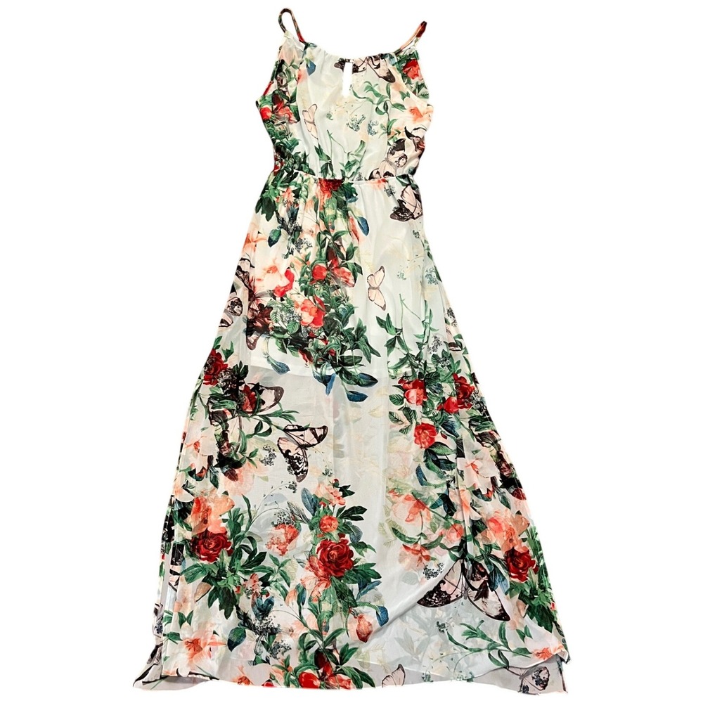 Fate Maxi Dress Womens White Floral Butterfly Halter Keyhole Elastic Waist M